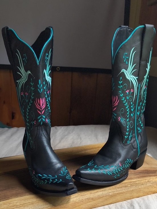 J.B. Dillon Shoes - J.B. Dillon Black Western Leather Boots with Turquoise & Pink Embroidery 🩵NEW 8